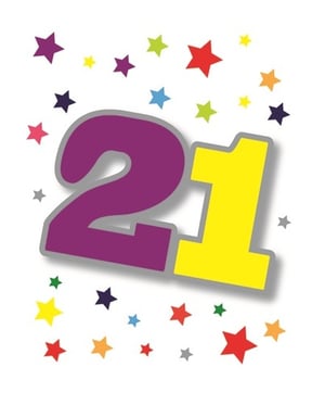 The number 21 is surrounded by colorful stars.