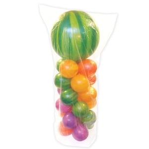 A bunch of colorful balloons is in a plastic bag.