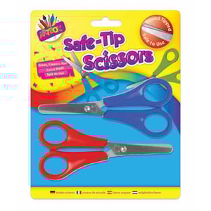 A package of scissors with safe-tips that are round.