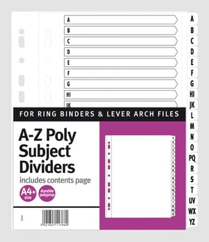 A-Z poly subject dividers are for ring binders and lever arch files.