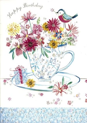 A birthday card with a bouquet of flowers and a bird on it.