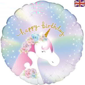 A birthday balloon with a unicorn on it that is happy.
