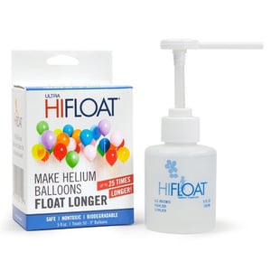 A box and a bottle of HiFloat make helium balloons float longer.