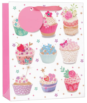 A gift bag with cupcakes and flowers on it.
No grammatical errors in the sentence.