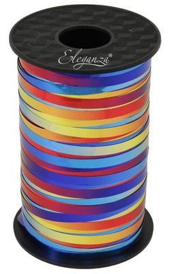 A spool of colorful ribbon on a white background.