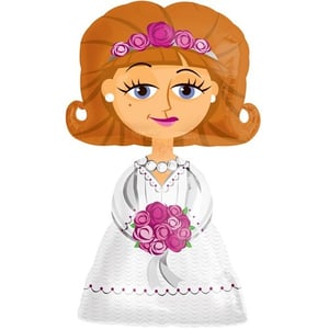 A cartoon depicting a woman in a wedding dress holding a bouquet of flowers.