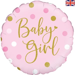 A baby girl balloon with pink and gold polka dots.