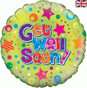 A green balloon with the words "get well soon" written on it.