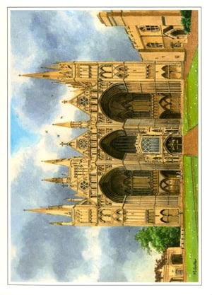 A painting of a large building with numerous windows and towers.