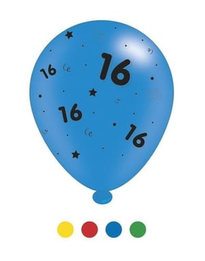 A blue balloon with the number 16 on it.