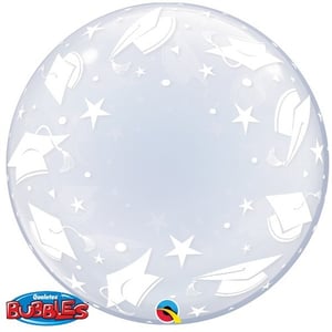 A clear balloon with graduation caps and stars on it.