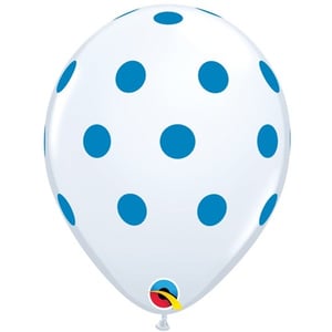A white balloon with blue polka dots is on it.
