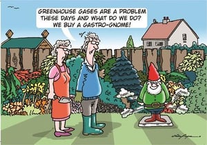 A cartoon of a man and a woman talking to a gnome in a garden.