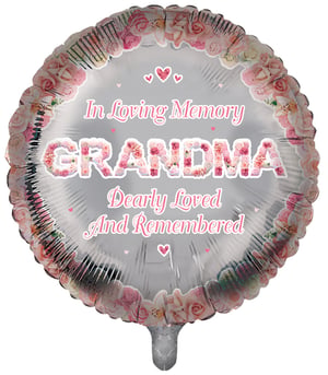 A balloon that says "In loving memory, Grandma, dearly loved and remembered."