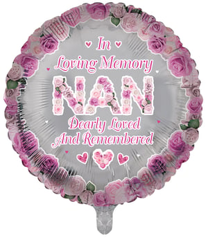 A balloon that says "In loving memory Nan, dearly loved and remembered."