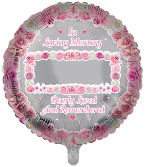 A balloon that says "In loving memory deeply loved and remembered."