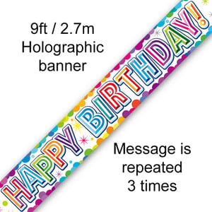 The grammatically correct sentence is: "A banner that says 'Happy Birthday' is repeated three times."
