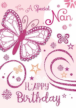 A birthday card for a special nan with a pink butterfly.