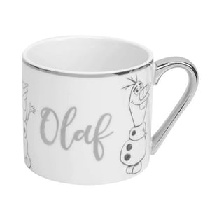 A white mug with a silver handle and the word "Olaf" on it.
