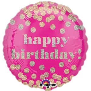 Make any birthday celebration extra special with this vibrant 18" Happy Birthday Gold And Pink Holographic balloon! This bright pink foil balloon features a cheerful 'happy birthday!' message, beautifully rendered in a shimmering, textured finish that catches the light. Scattered across the background are stylish, sparkling gold polka dots, adding a touch of glamour and fun.

Perfect for adding a pop of colour to parties, this eye-catching 18-inch balloon is sure to bring a smile. Its holographic design creates an appealing visual effect, making it a great focal point or a lovely addition to a balloon bouquet. Supplied individually, it's easy to stock up for all your celebratory needs. Bring joy and style to every birthday with this delightful balloon!