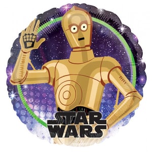 A Star Wars balloon with a robot on it.