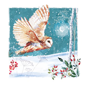 A painting of an owl flying over a snowy forest.