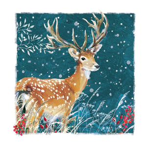A painting of a deer standing in the snow.