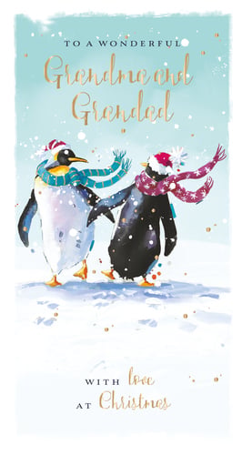 A Christmas card that says "To a wonderful Grandma and Grandad, with love at Christmas."