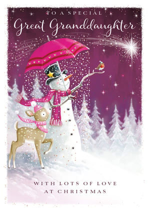 A Christmas card that says "To a special great granddaughter, with lots of love at Christmas."