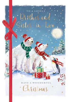 A Christmas card that says "to a lovely brother and sister in love."