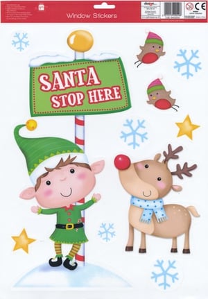 A window sticker that says "Santa, stop here."