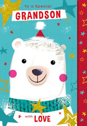 A Christmas card for a grandson featuring a polar bear wearing a Santa hat.