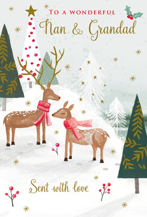A Christmas card that says "To a wonderful Nan & Grandad, sent with love."
