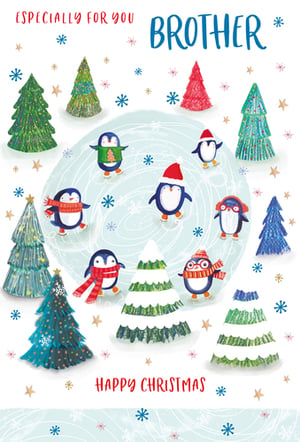 A Christmas card with penguins and trees for a brother.