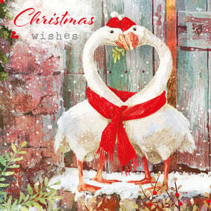 A Christmas card with two geese wearing Santa hats and scarves.