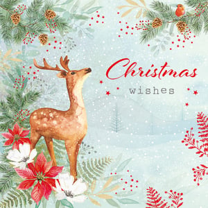 A Christmas card with a deer and the words "Christmas wishes."