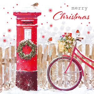 A Merry Christmas card with a red mailbox and a bicycle.