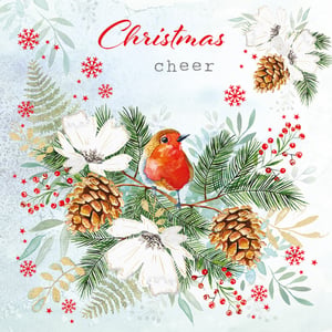 A Christmas cheer card with a bird on a branch.
