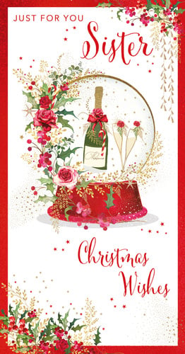 A Christmas card that says "just for you, sister: Christmas wishes."