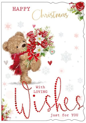 A Christmas card with a teddy bear holding a bouquet of flowers.