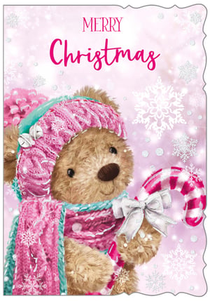 A Christmas card with a teddy bear wearing a pink hat and scarf, holding a candy cane.