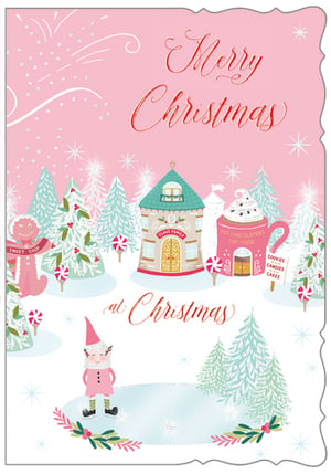 A pink Merry Christmas card with a gingerbread man.