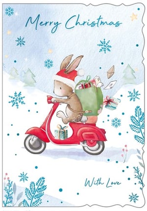 A Merry Christmas card with a rabbit on a scooter.