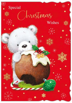 A Christmas card with a teddy bear holding a pudding.