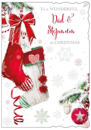 A Christmas card that says, "To a wonderful dad and stepmom at Christmas."