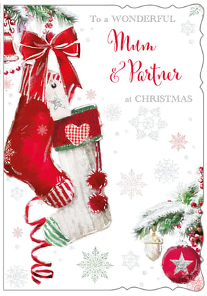 A Christmas card that says "to a wonderful mum and partner at Christmas."