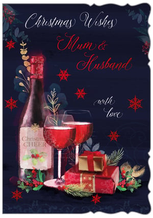 A Christmas card with a bottle of wine and two wine glasses.