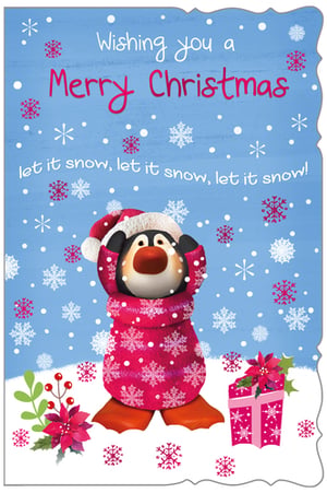 A Christmas card wishes you a merry Christmas.