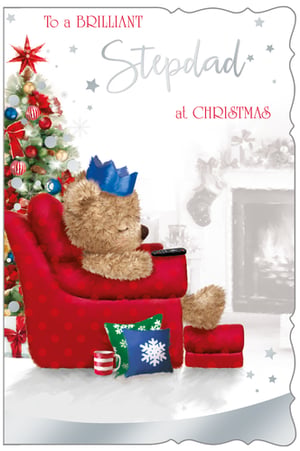 A Christmas card with a teddy bear sitting in a chair.