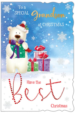 A Christmas card that says "To a special grandson at Christmas."